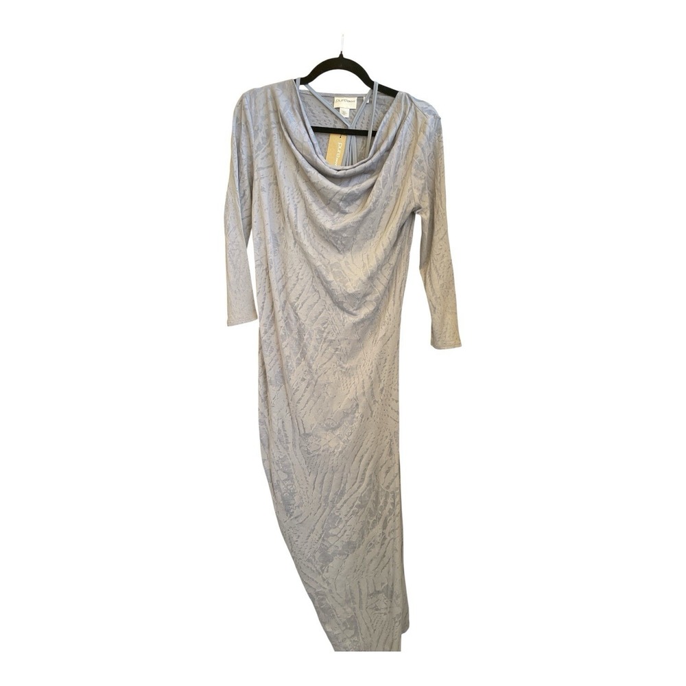 DKNY Pure Long XP/P Sheer Lined Gray Floral Asymmetrical Hem Cowl Neck Dress